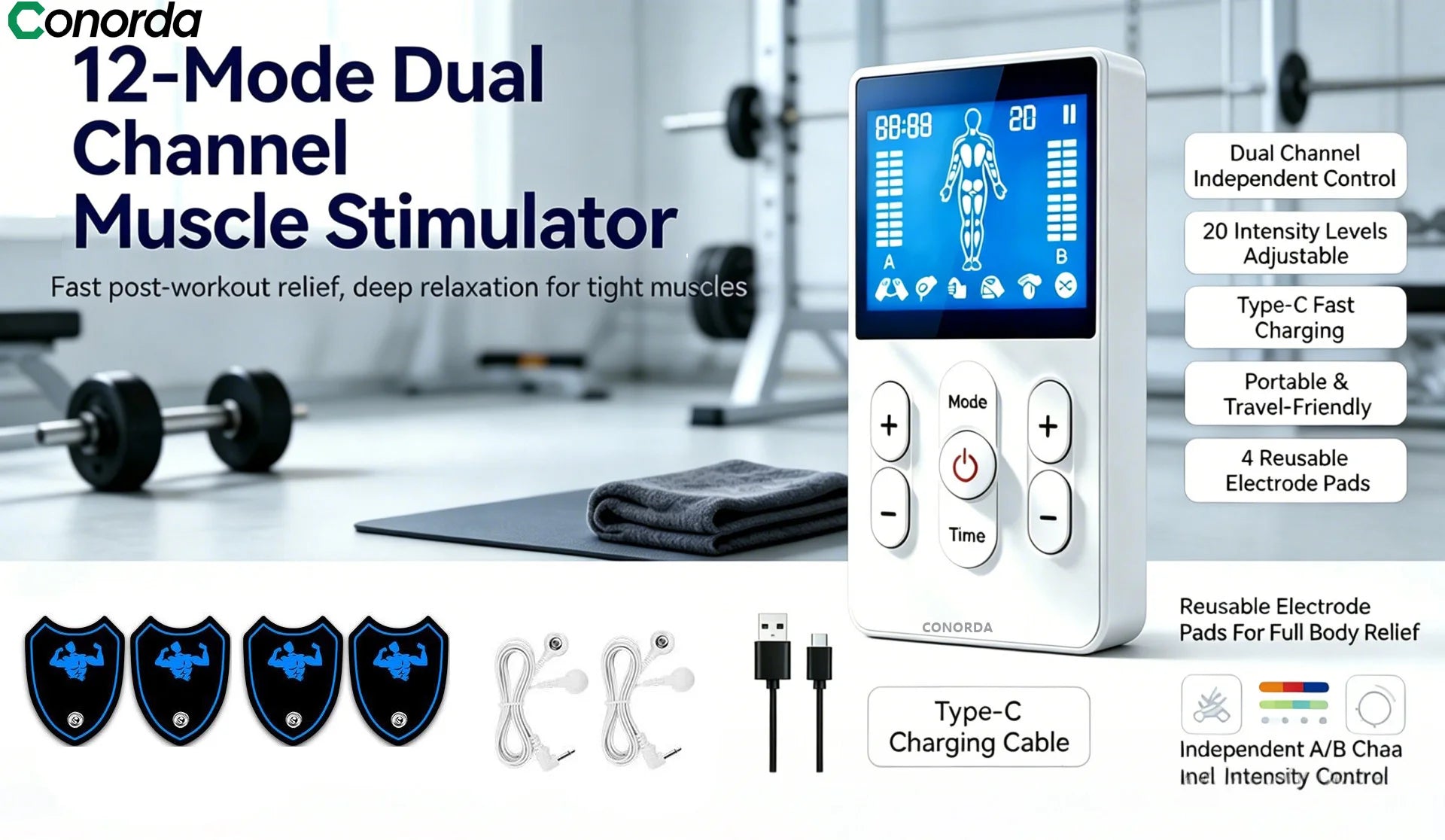 Máquina Digital TENS 2 Canales, Electroestimulador Muscular Recargable