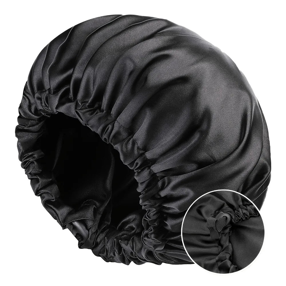 Double Layer Satin Sleep Bonnet for Women Adjustable Large Hair Cap with Silk Lining for Curly Hair Protection Styling Tools