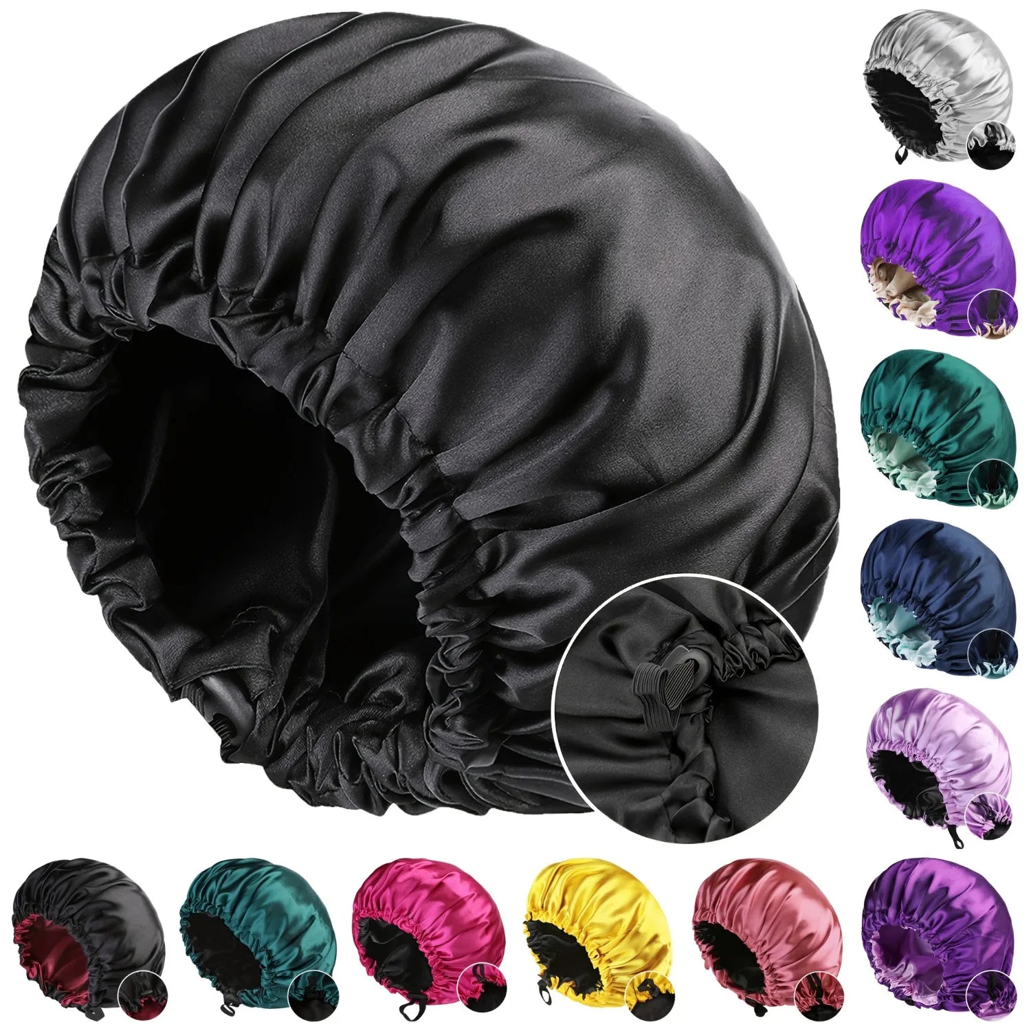Double Layer Satin Sleep Bonnet for Women Adjustable Large Hair Cap with Silk Lining for Curly Hair Protection Styling Tools