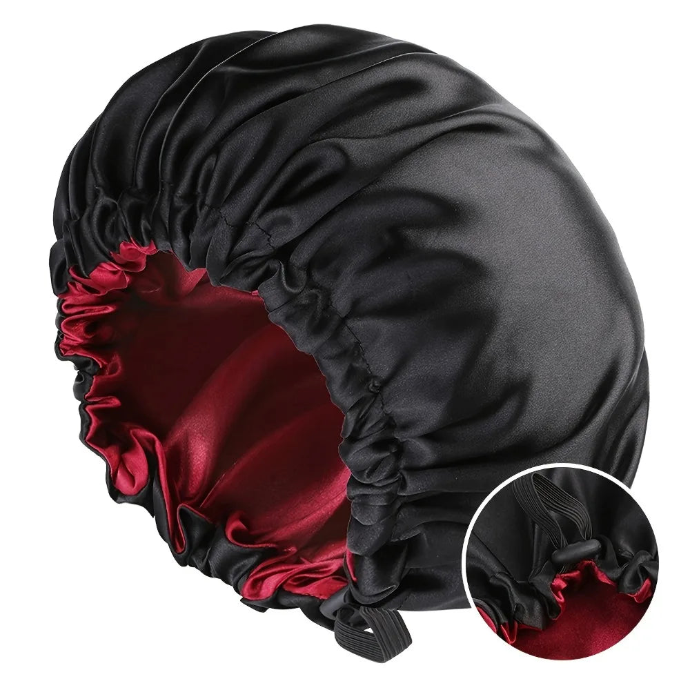 Double Layer Satin Sleep Bonnet for Women Adjustable Large Hair Cap with Silk Lining for Curly Hair Protection Styling Tools