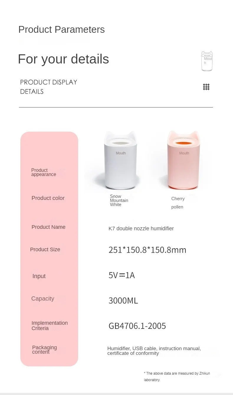 Humidificador de Doble Chorro 3000ml, Aroma y Vapor Frío