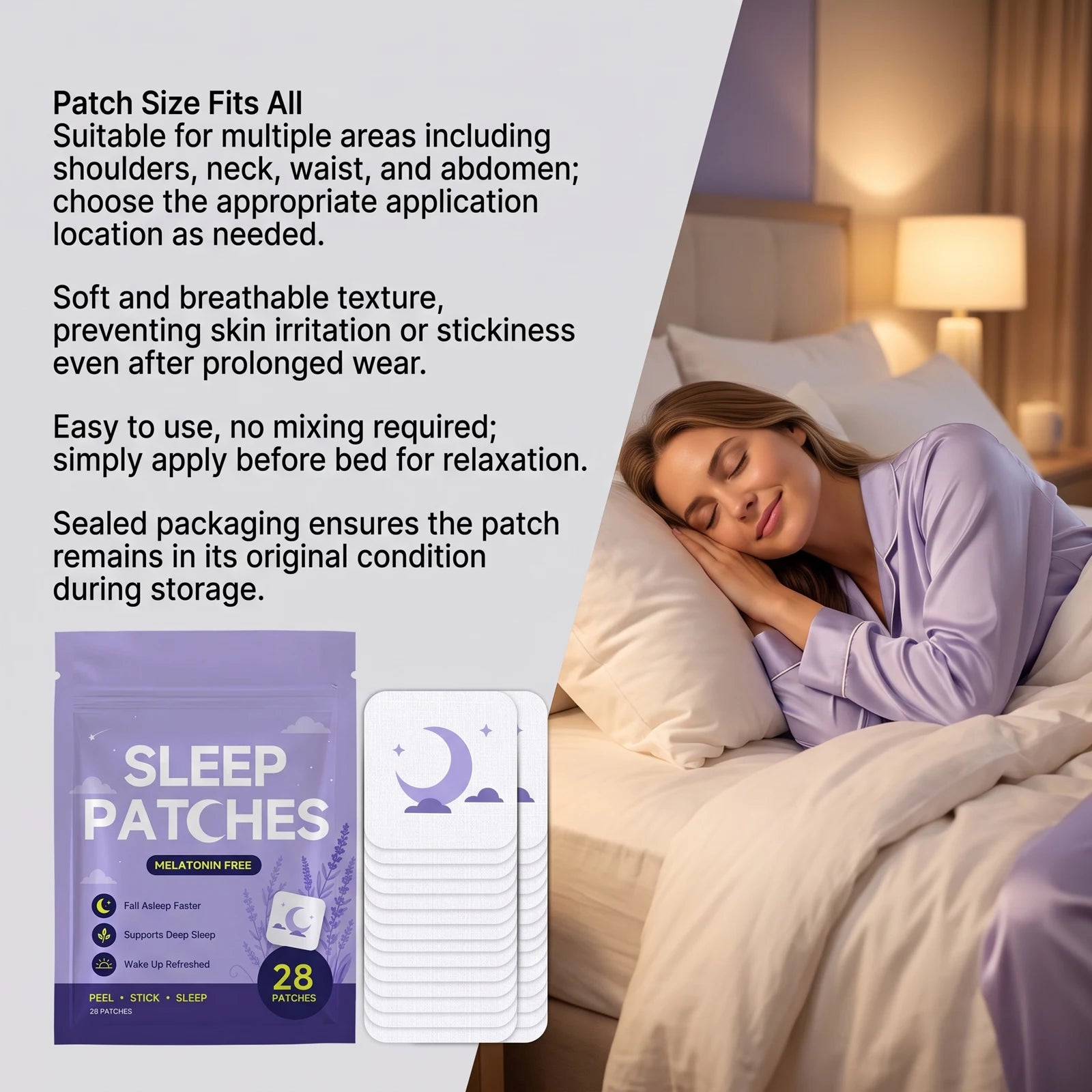 Parches para dormir sin melatonina: ayudan a conciliar el sueño rápidamente y favorecen un sueño profundo; mejoran la calidad del sueño y tienen aroma a lavanda.