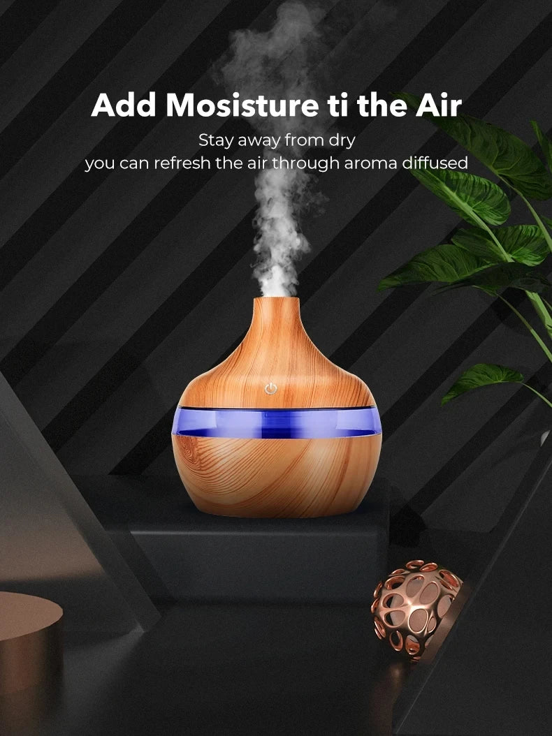 Humidificador de Madera 300ml, Difusor Eléctrico de Aceites Esenciales