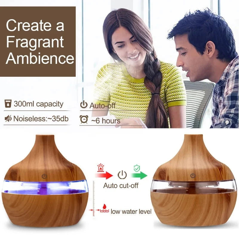 Humidificador de Madera 300ml, Difusor Eléctrico de Aceites Esenciales