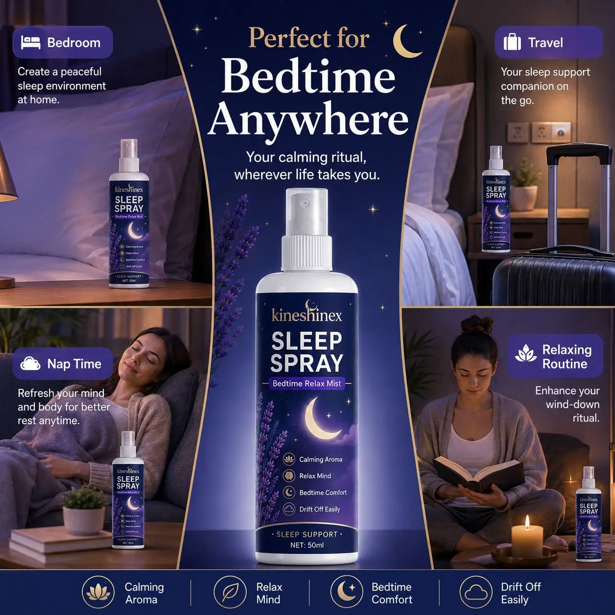 Spray para dormir – Bruma relajante para la hora de dormir con aroma calmante, favorece un sueño reparador, ayuda a aliviar el estrés y los pensamientos acelerados, spray para almohada y ambiente.
