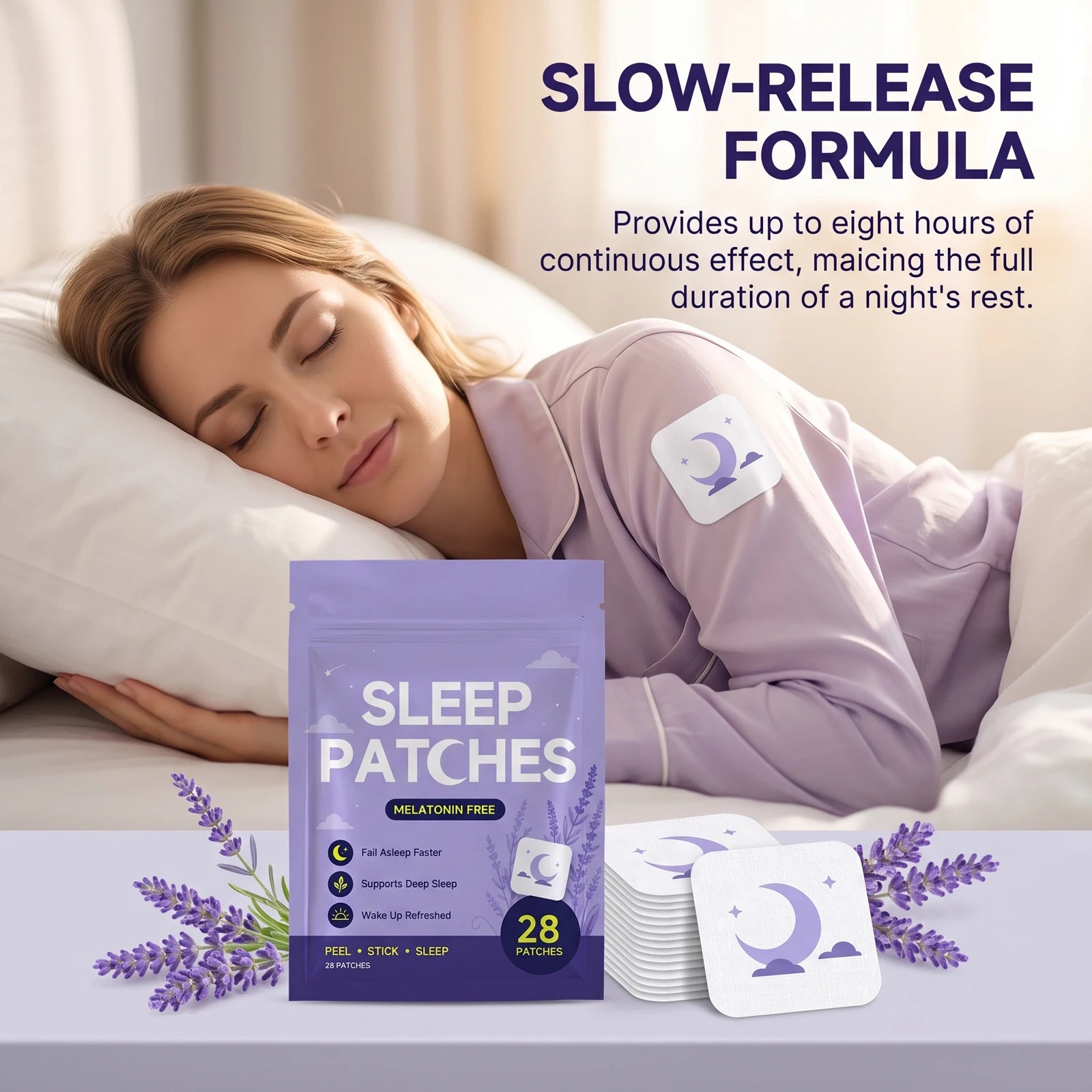Parches para dormir sin melatonina: ayudan a conciliar el sueño rápidamente y favorecen un sueño profundo; mejoran la calidad del sueño y tienen aroma a lavanda.