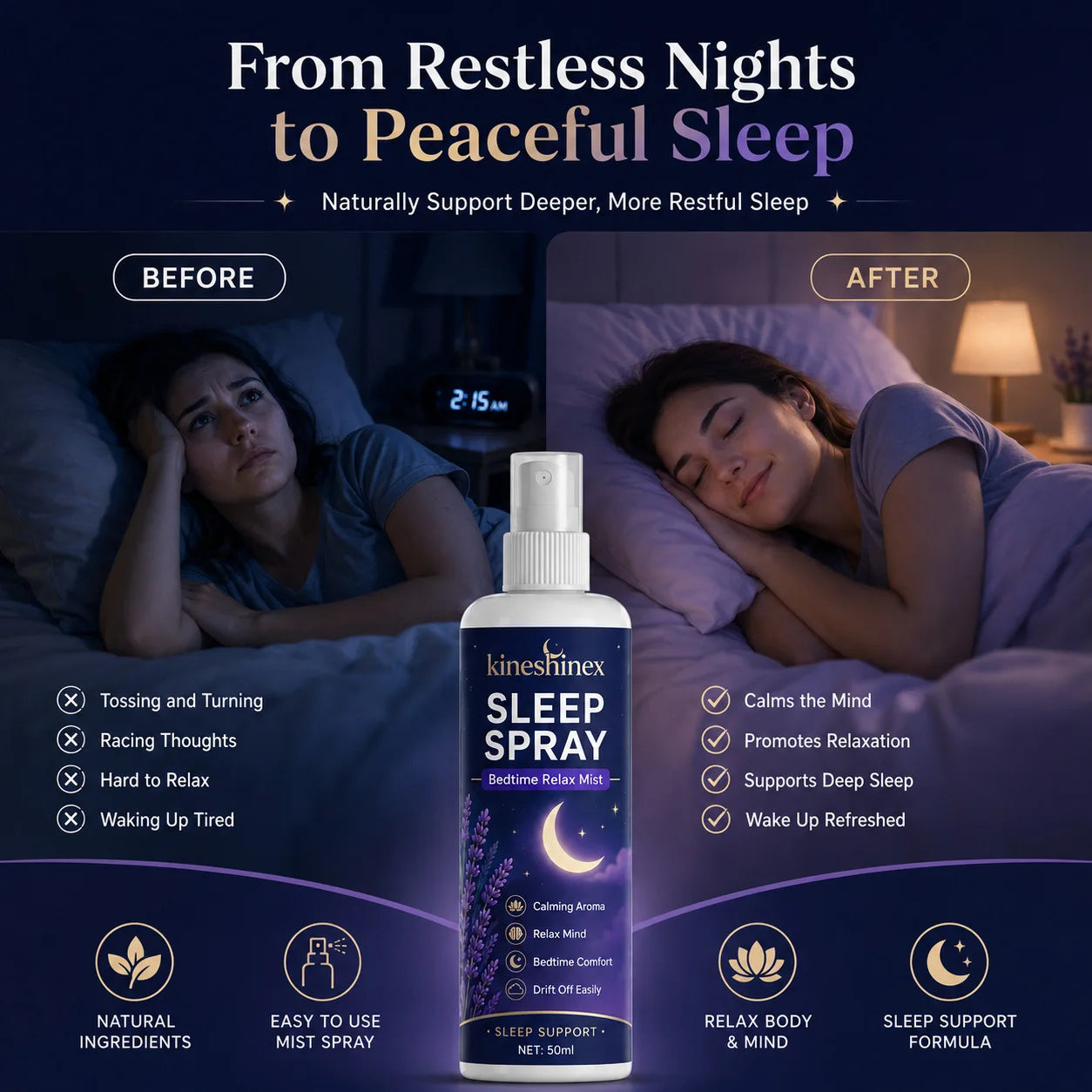 Spray para dormir – Bruma relajante para la hora de dormir con aroma calmante, favorece un sueño reparador, ayuda a aliviar el estrés y los pensamientos acelerados, spray para almohada y ambiente.