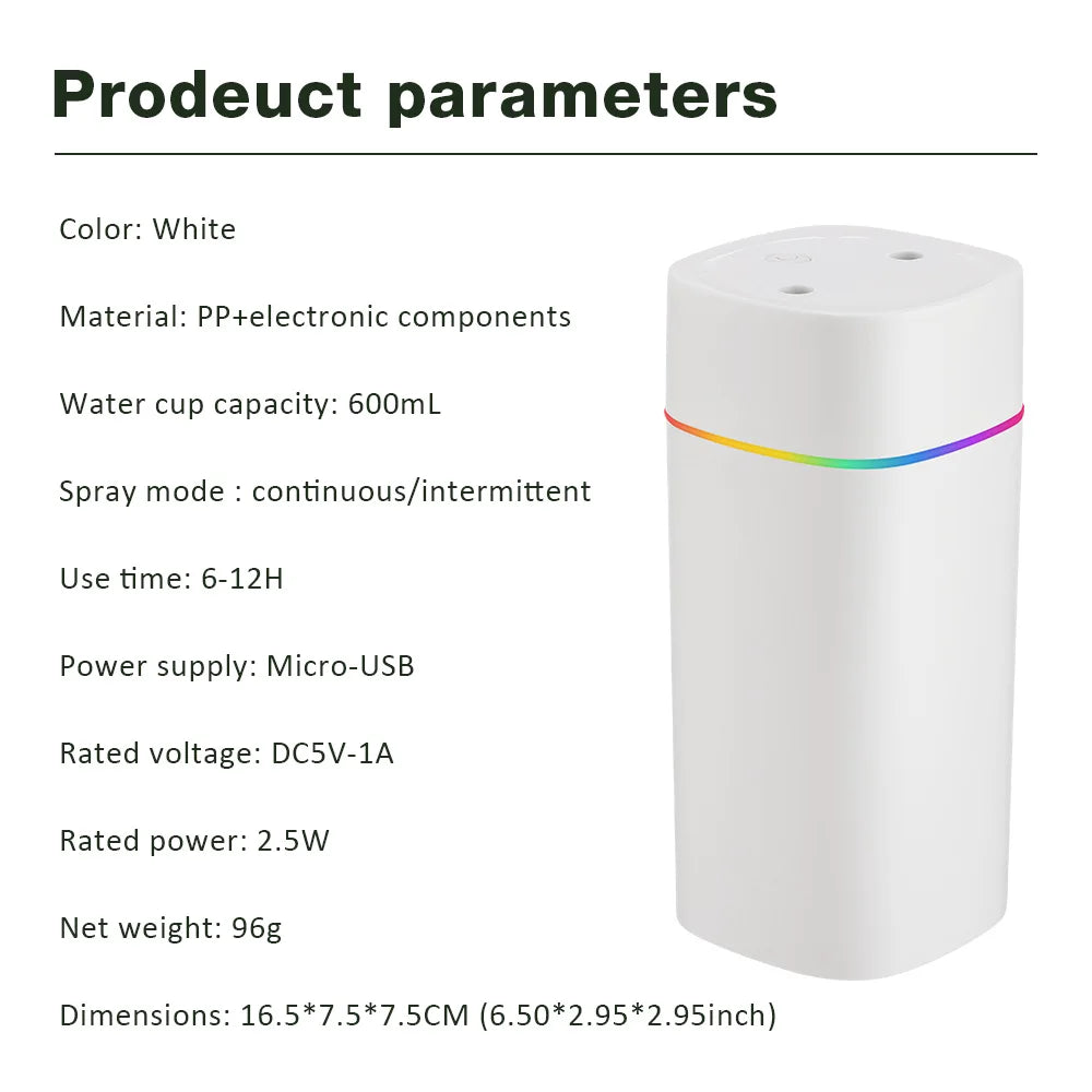 Humidificador 600ml con Doble Boquilla y Luces de Colores
