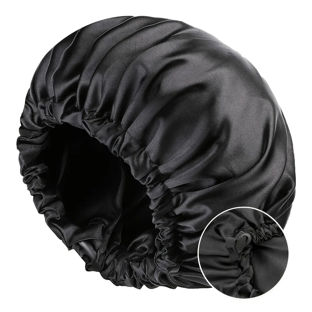 Double Layer Satin Sleep Bonnet for Women Adjustable Large Hair Cap with Silk Lining for Curly Hair Protection Styling Tools