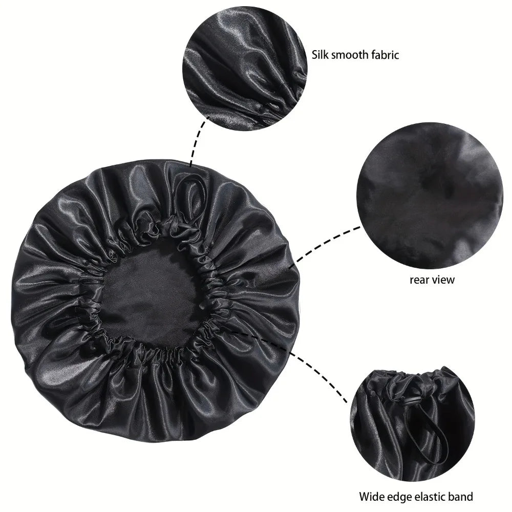 Double Layer Satin Sleep Bonnet for Women Adjustable Large Hair Cap with Silk Lining for Curly Hair Protection Styling Tools