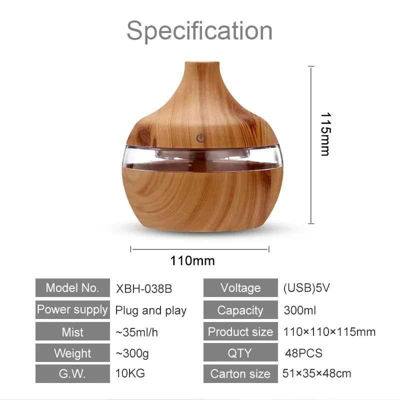 Humidificador de Madera 300ml, Difusor Eléctrico de Aceites Esenciales