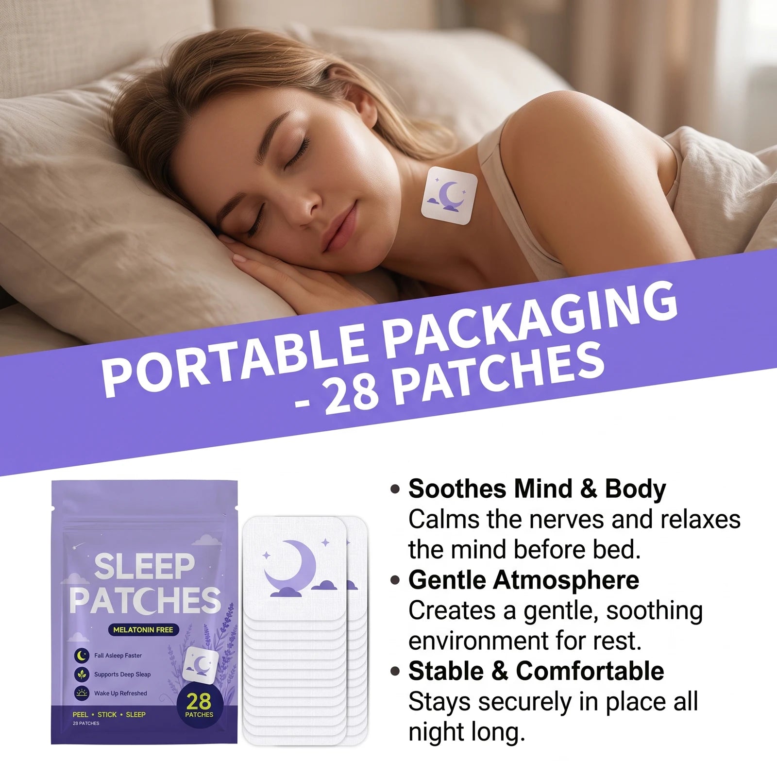 Parches para dormir sin melatonina: ayudan a conciliar el sueño rápidamente y favorecen un sueño profundo; mejoran la calidad del sueño y tienen aroma a lavanda.