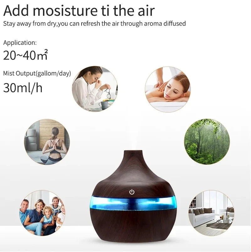Humidificador de Madera 300ml, Difusor Eléctrico de Aceites Esenciales