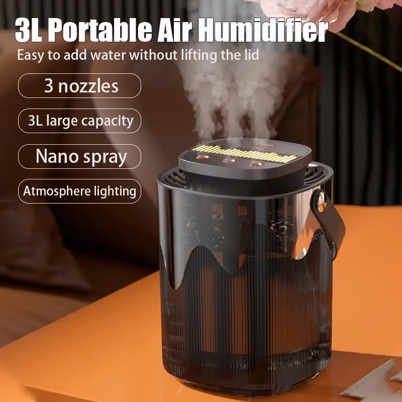 Humidificador Portátil 3L con Triple Boquilla, Carga USB