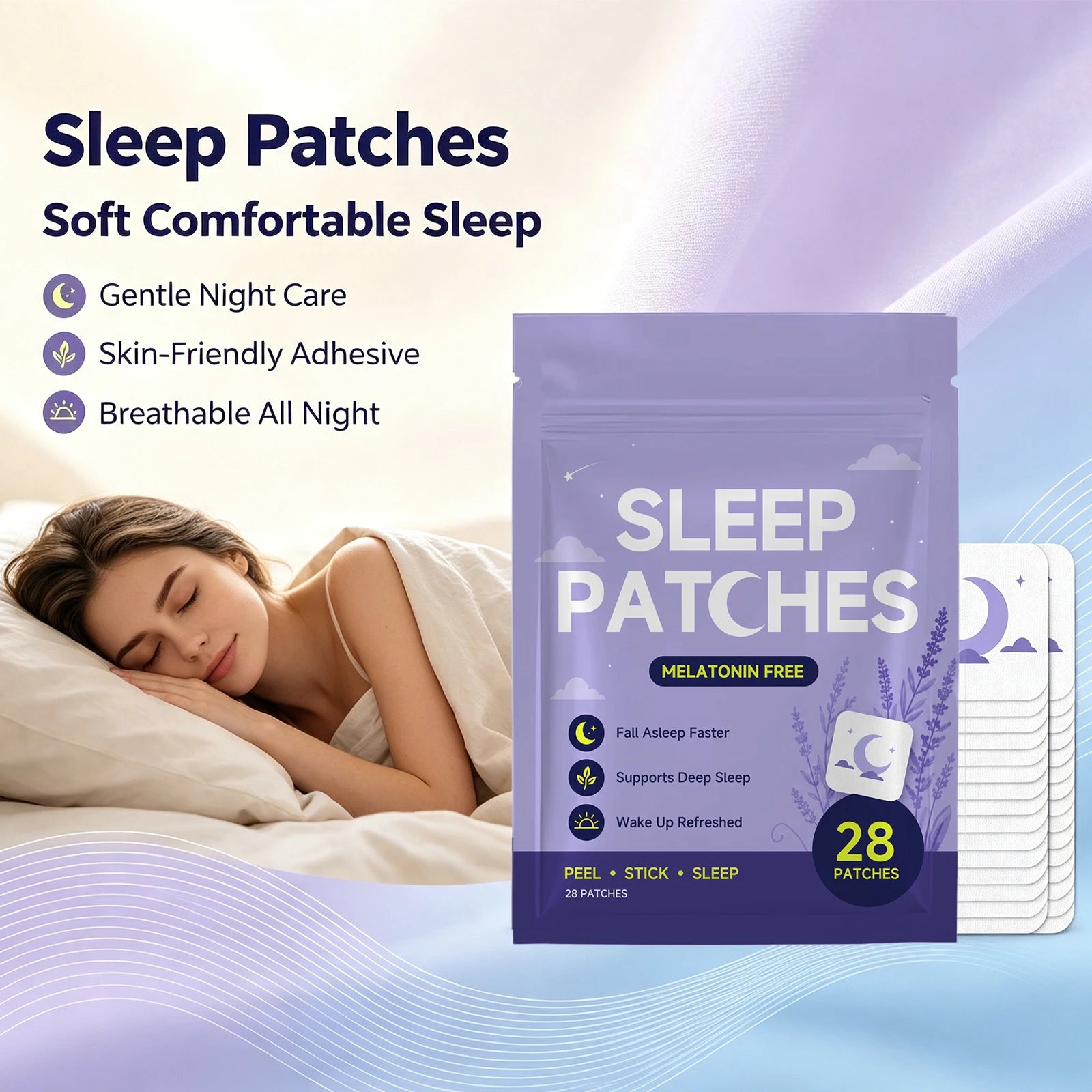 Parches para dormir sin melatonina: ayudan a conciliar el sueño rápidamente y favorecen un sueño profundo; mejoran la calidad del sueño y tienen aroma a lavanda.