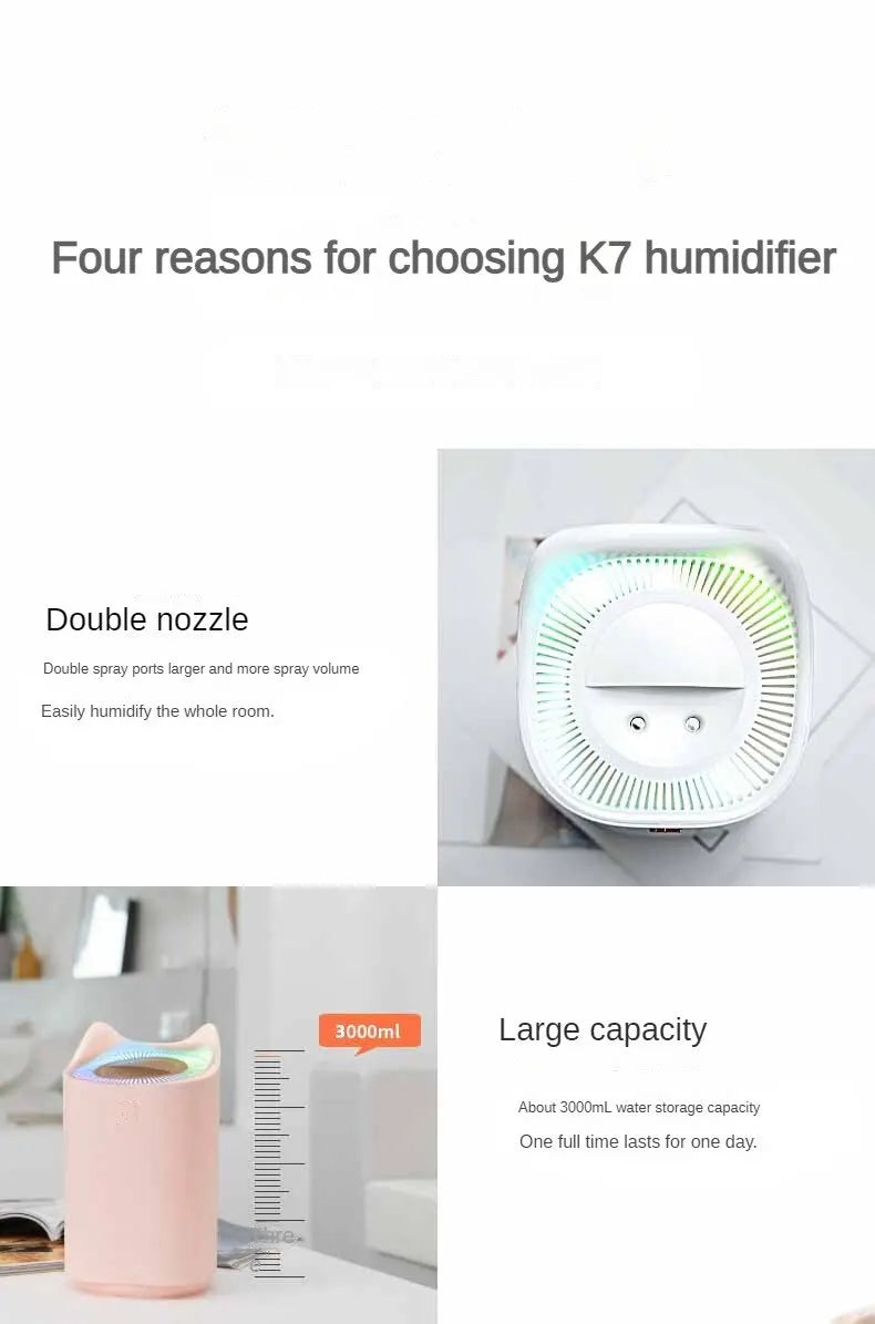 Humidificador de Doble Chorro 3000ml, Aroma y Vapor Frío