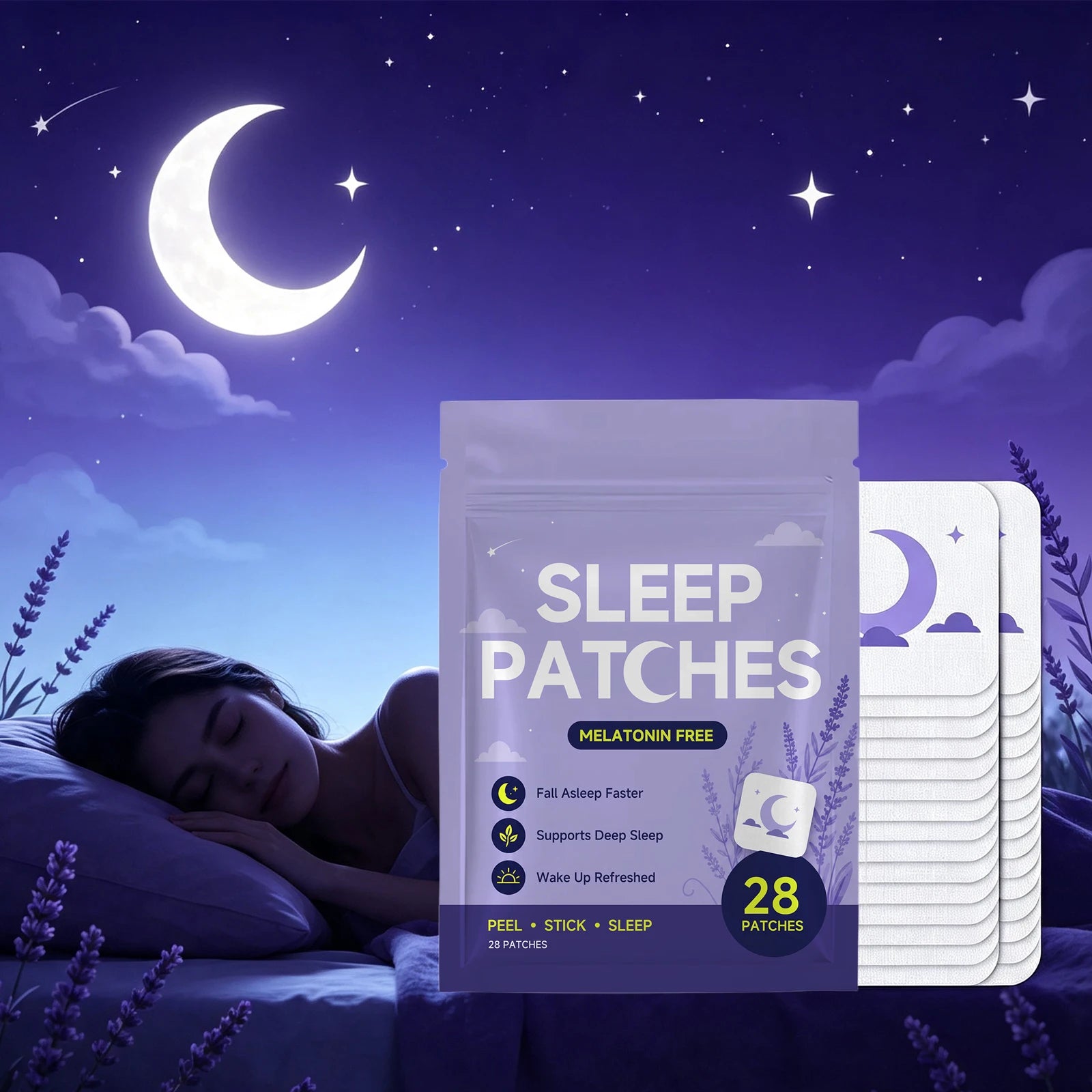Parches para dormir sin melatonina: ayudan a conciliar el sueño rápidamente y favorecen un sueño profundo; mejoran la calidad del sueño y tienen aroma a lavanda.
